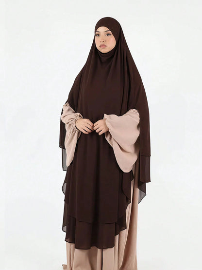 1pc Women's Double Layer Chiffon Veil Long Khimar, Sweet Gentle Fashion Elegant Luxurious All-Season Headscarf, Convenient Chiffon Scarf Head Cover, Luxury Casual Shawl Headscarf, Suitable For Daily O