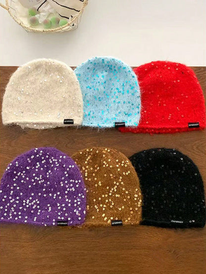 1pc Women's Handmade Knitted Beanie With Sequin Decor, Hip Hop Y2K Style, Daily Wear, Outing, Shopping, Party, Windproof, Warm, Ear Protection, Woolen Hat