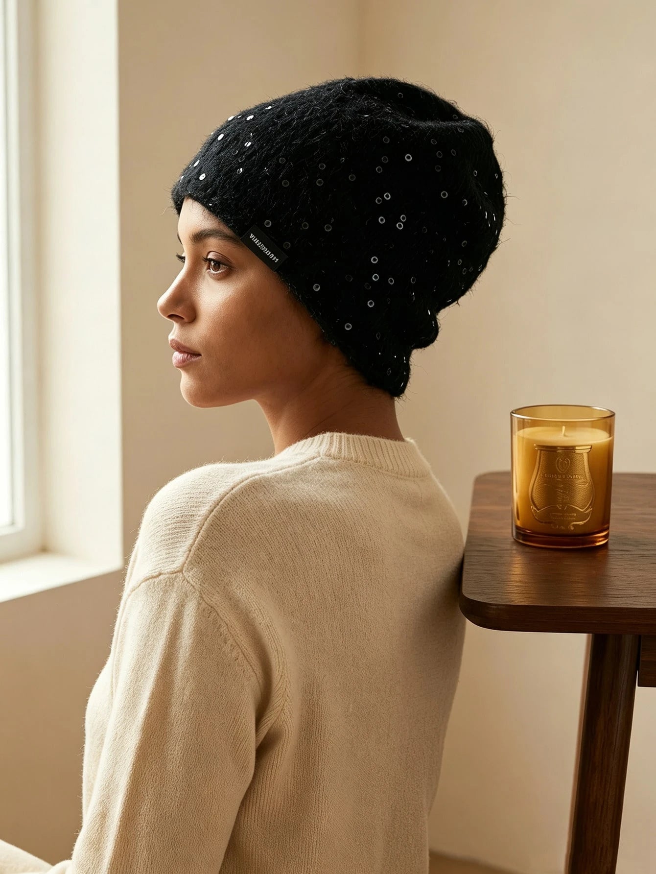 1pc Women's Handmade Knitted Beanie With Sequin Decor, Hip Hop Y2K Style, Daily Wear, Outing, Shopping, Party, Windproof, Warm, Ear Protection, Woolen Hat