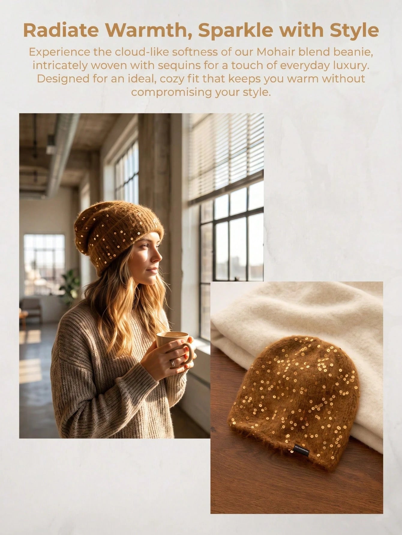 1pc Women's Handmade Knitted Beanie With Sequin Decor, Hip Hop Y2K Style, Daily Wear, Outing, Shopping, Party, Windproof, Warm, Ear Protection, Woolen Hat