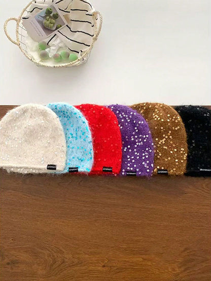 1pc Women's Handmade Knitted Beanie With Sequin Decor, Hip Hop Y2K Style, Daily Wear, Outing, Shopping, Party, Windproof, Warm, Ear Protection, Woolen Hat