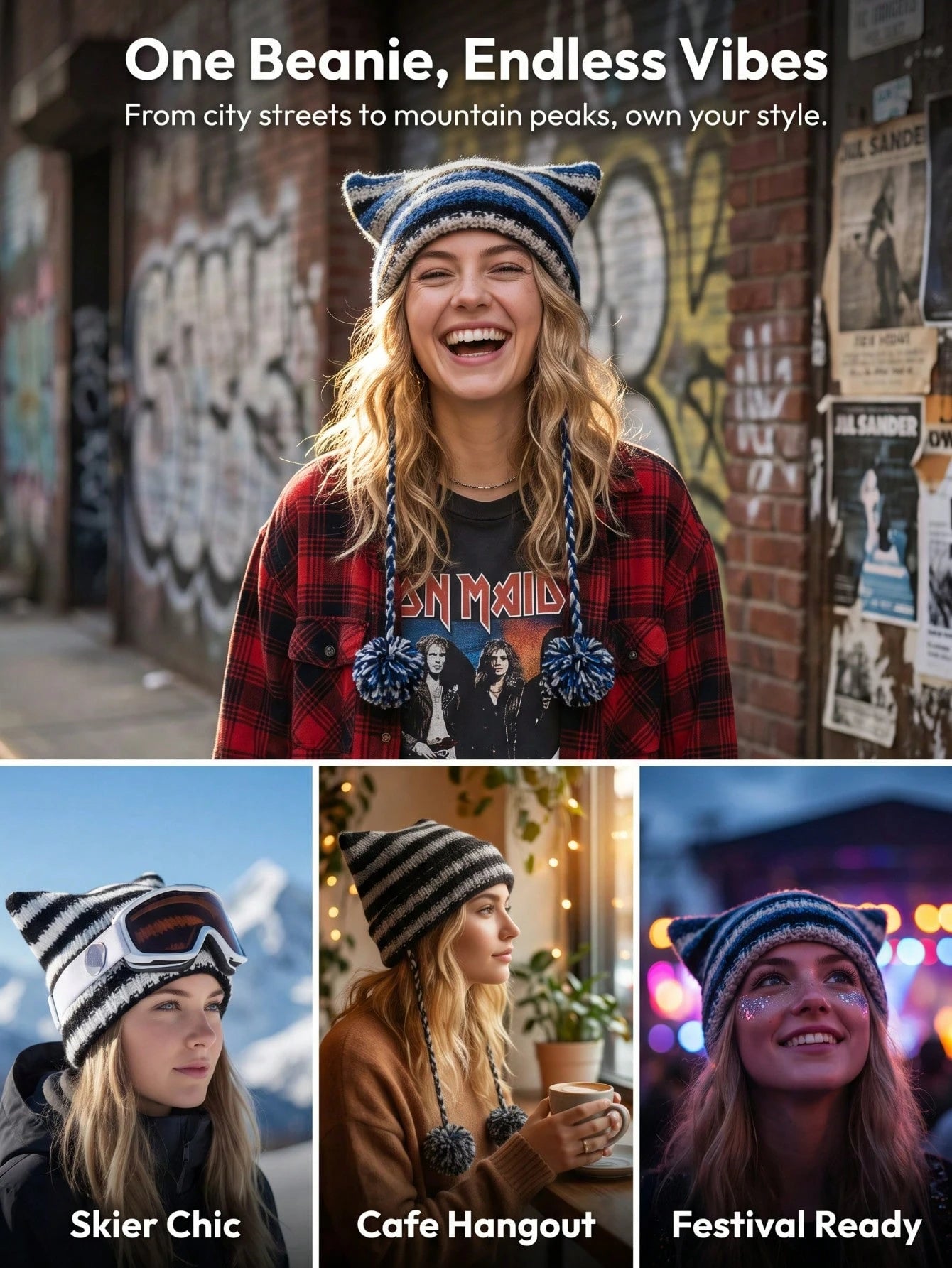 1pc Women's Zebra Stripe Colorblock Knit Beanie Hat With Pom Pom Decor, Cute Y2K Style, Stand-Up Ears, Windproof And Warm
