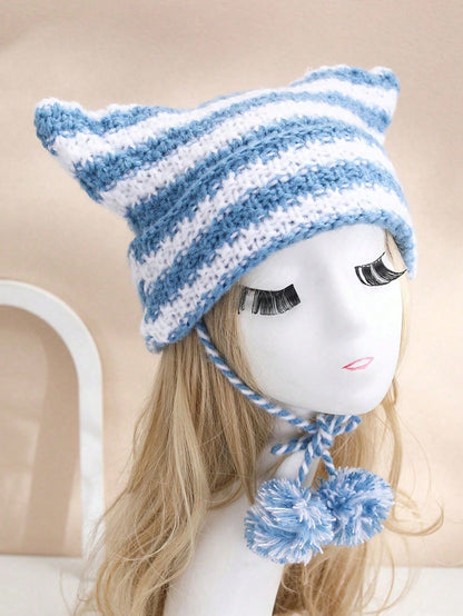 1pc Women's Zebra Stripe Colorblock Knit Beanie Hat With Pom Pom Decor, Cute Y2K Style, Stand-Up Ears, Windproof And Warm