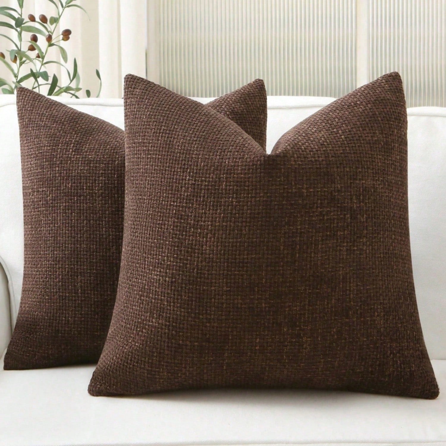 1pc Woven Textured Throw Pillow Cover, 18X18 Inch Coffee Brown Cushion Sham, Soft Chenille Pillow Case, Retro Seasonal Square Pillow, Nordic Solid Color Square Sofa Cushion, Farmhouse Woven 20X20 Inch