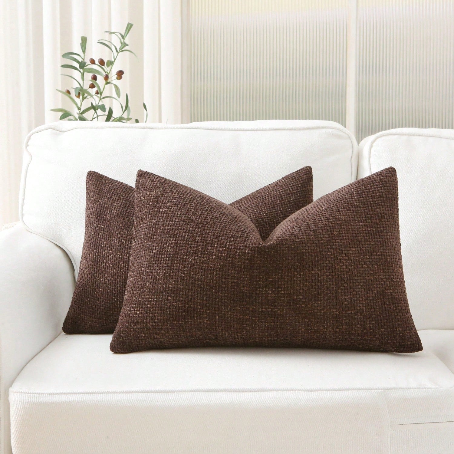1pc Woven Textured Throw Pillow Cover, 18X18 Inch Coffee Brown Cushion Sham, Soft Chenille Pillow Case, Retro Seasonal Square Pillow, Nordic Solid Color Square Sofa Cushion, Farmhouse Woven 20X20 Inch