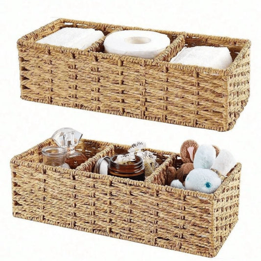 1pc Woven Three-Compartment Storage Basket, Handmade Paper Rope & Willow Storage Bin, Toilet Tank Top Tissue Box Holder, Bathroom Organizer Basket, Storage, Makeup Organizer, Organizer, Basket, Organi