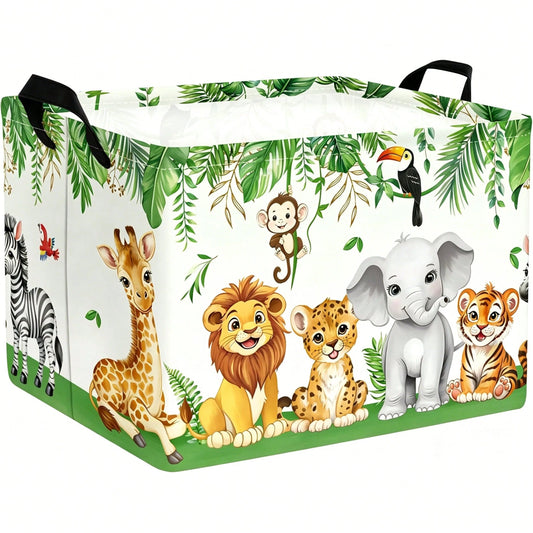 1pc Zoo Theme Laundry Basket, Leaf Pattern Clothes/Book Storage Bin, Bedroom Decor Gift Box, With Elephant/Lion/Giraffe Pattern