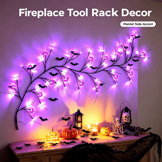 1PC, Fireplace Indoor DIY Bat Twig Garland Wall String Lights 48LED Battery Box Powered 1.8 Meters 5.9Ft 8 Modes Durable Plastic Purple Ambient Lamp For Balcony Graduation Home Halloween Haunted House