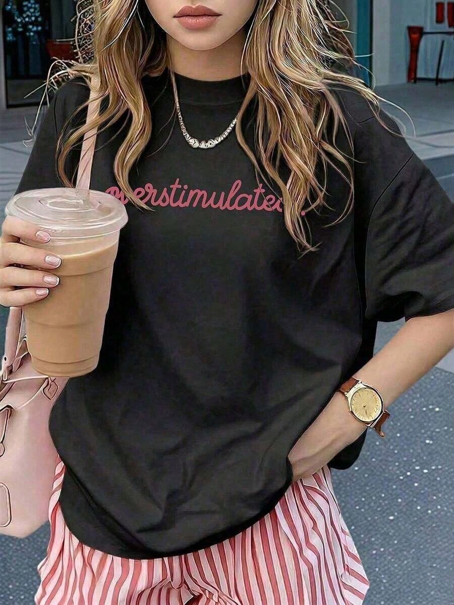 1pcsSummer Collection,Women's Casual Short Sleeve T-Shirt White "Overstimulated" Simple Text Print Casual Oversized Summer T-Shirt Summer Tops
