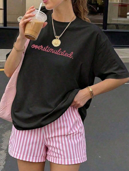 1pcsSummer Collection,Women's Casual Short Sleeve T-Shirt White "Overstimulated" Simple Text Print Casual Oversized Summer T-Shirt Summer Tops