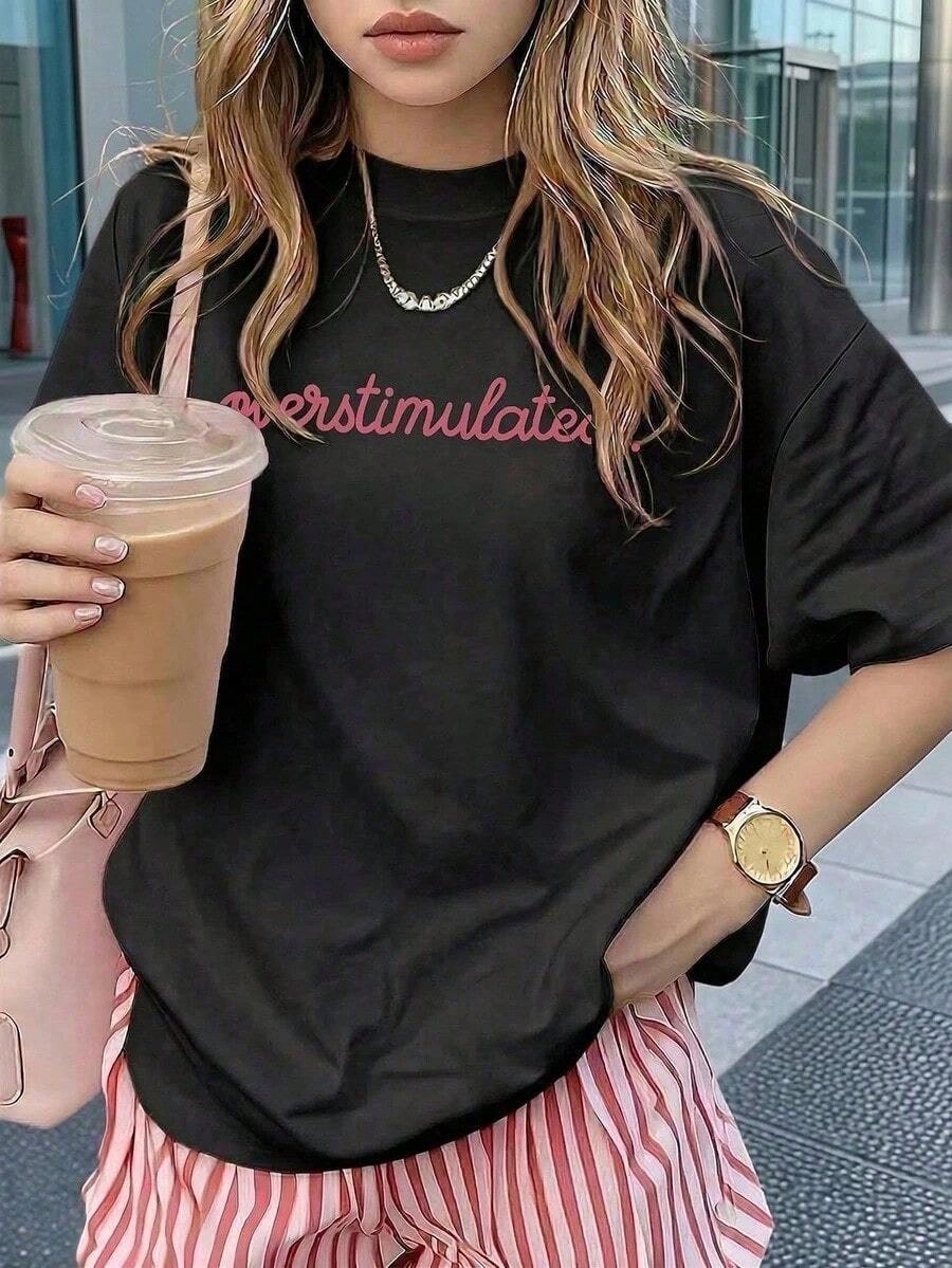 1pcsSummer Collection,Women's Casual Short Sleeve T-Shirt White "Overstimulated" Simple Text Print Casual Oversized Summer T-Shirt Summer Tops
