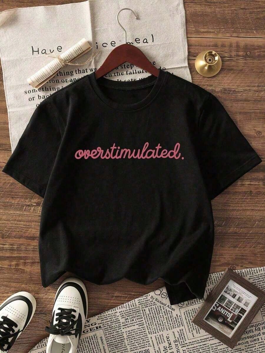 1pcsSummer Collection,Women's Casual Short Sleeve T-Shirt White "Overstimulated" Simple Text Print Casual Oversized Summer T-Shirt Summer Tops