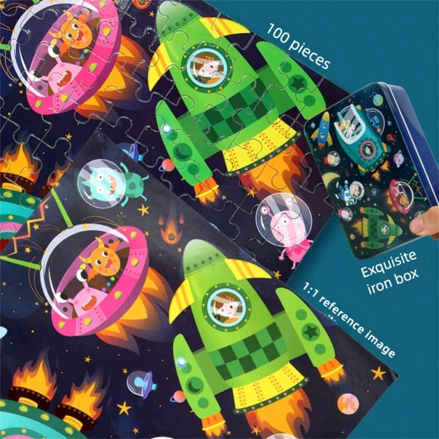1Set 100Pcs Wooden Jigsaw Puzzles Multi Color Animal Dinosaur Ocean Space Theme Toys For Kids 3-7, Montessori Toddler Puzzle Games Preschool Learning Educational Kids Toys Puzzle For Kids Parent-Child