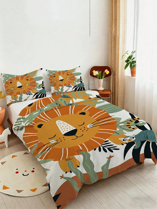 2/3pcs Cute Cartoon Lion & Jungle Animals Children Bedding Set, Soft Tropical Plant Print Bedding Package, Includes Duvet Cover & Pillowcases, Colorful Kids Bedding Set, Suitable For Twin/Full Size Be