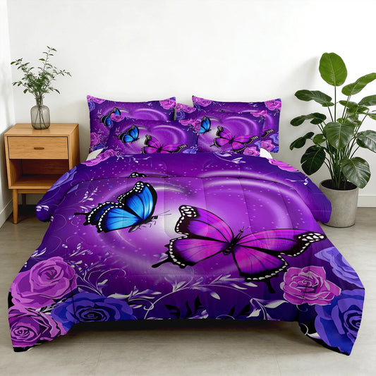 2/3pcs Purple Butterfly Rose Print Bed Comforter Sets (Twin, Full, Queen, King Sizes), 1 Comforter + 1/2 Pillowcases Breathable All Season, Keep Warm Soft Skin Friendly, Durable Machine Washable, Perf