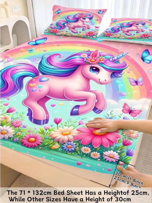 2/3pcs Rainbow Unicorn & Floral Print Bedding Set, Butterfly Pattern Bed Sheets, Deep Pocket Non-Slip Mattress Cover With Pillowcase, Suitable For Children, Teens, Adults, Boys And Girls Bedroom