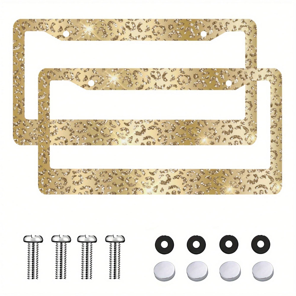 2 Heavy Duty Aluminum License Plate Frames With Gold Leopard Print And Shiny Gold Trim- Suitable For Car License Plate Frames, Easy Bolt-On Installation, Luxury Cars (Compatible With SUVs, Trucks, Mo