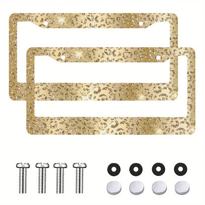2 Heavy Duty Aluminum License Plate Frames With Gold Leopard Print And Shiny Gold Trim- Suitable For Car License Plate Frames, Easy Bolt-On Installation, Luxury Cars (Compatible With SUVs, Trucks, Mo