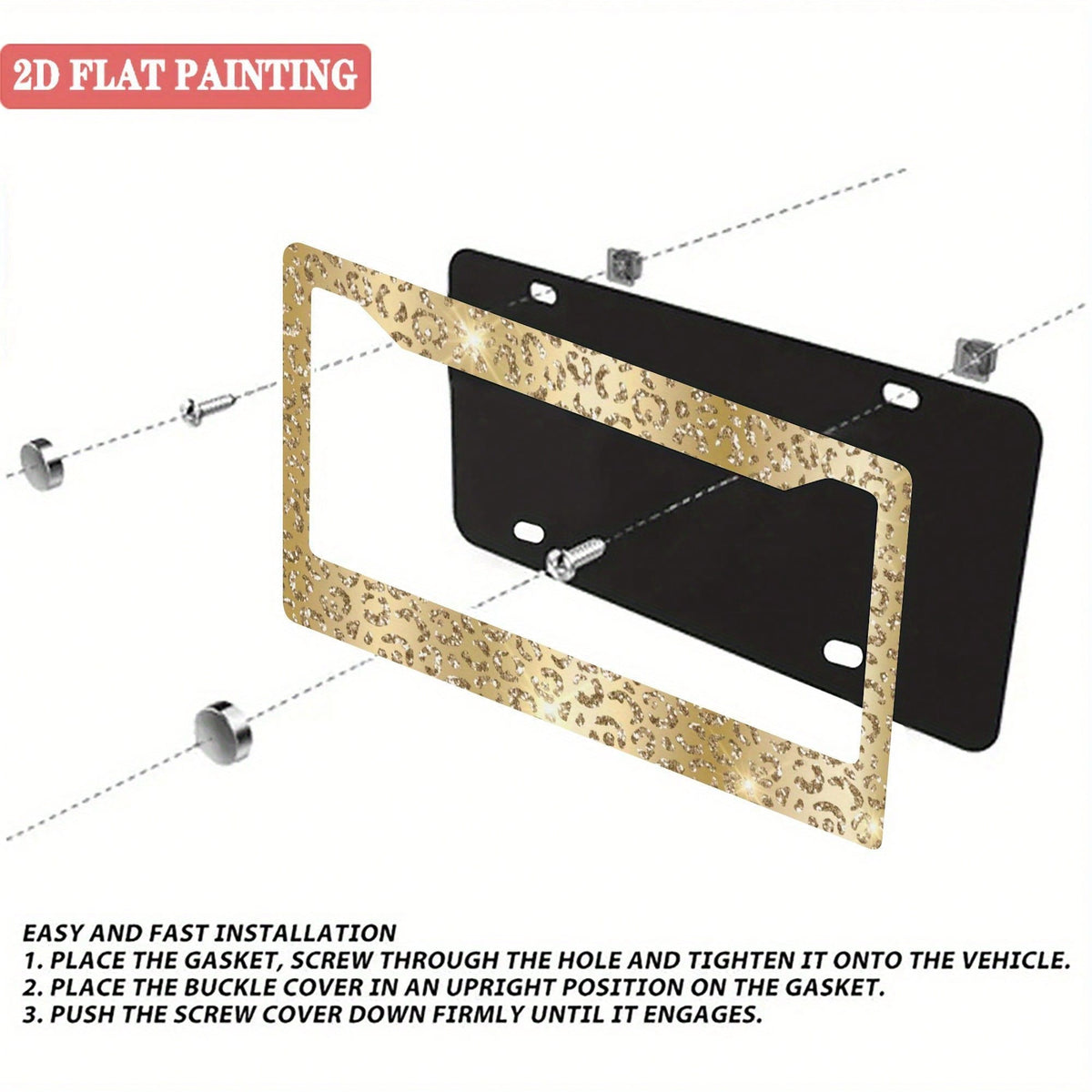 2 Heavy Duty Aluminum License Plate Frames With Gold Leopard Print And Shiny Gold Trim- Suitable For Car License Plate Frames, Easy Bolt-On Installation, Luxury Cars (Compatible With SUVs, Trucks, Mo