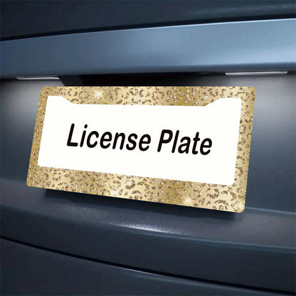 2 Heavy Duty Aluminum License Plate Frames With Gold Leopard Print And Shiny Gold Trim- Suitable For Car License Plate Frames, Easy Bolt-On Installation, Luxury Cars (Compatible With SUVs, Trucks, Mo