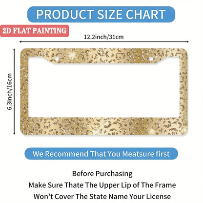 2 Heavy Duty Aluminum License Plate Frames With Gold Leopard Print And Shiny Gold Trim- Suitable For Car License Plate Frames, Easy Bolt-On Installation, Luxury Cars (Compatible With SUVs, Trucks, Mo
