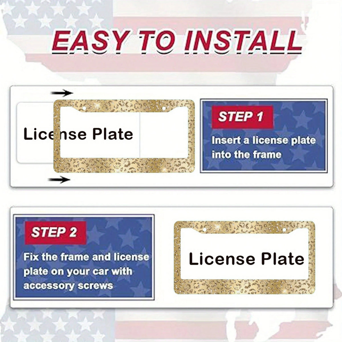 2 Heavy Duty Aluminum License Plate Frames With Gold Leopard Print And Shiny Gold Trim- Suitable For Car License Plate Frames, Easy Bolt-On Installation, Luxury Cars (Compatible With SUVs, Trucks, Mo
