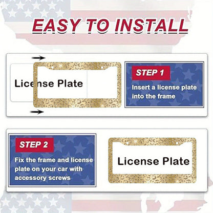 2 Heavy Duty Aluminum License Plate Frames With Gold Leopard Print And Shiny Gold Trim- Suitable For Car License Plate Frames, Easy Bolt-On Installation, Luxury Cars (Compatible With SUVs, Trucks, Mo