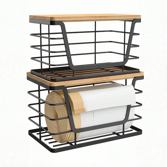 2-Pack Metal Trash Bag Holder, Stackable Under Sink Garbage Bag Dispenser, Wall Mount Metal Storage Basket With Bamboo Top For Kitchen, Laundry & Bathroom