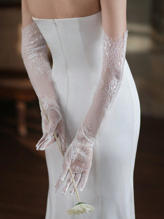 2 Pairs White Elegant Long Women's Gloves, Mesh Lace Breathable, Semi-Transparent Evening Party Premium Bridal Bridesmaid Wedding Gloves Accessories