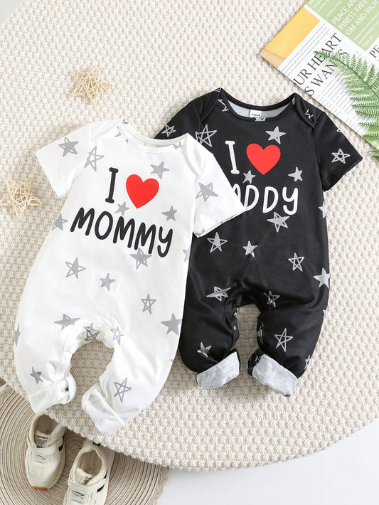 2 Pcs Baby Boy Baby Girl Black & White Valentine's Day Heart Pattern Love Dad Love Mom Print Loose Crew Neck Short Sleeve Snap Crotch Romper Long Pants Suitable For Outings And Valentine's Day Parties