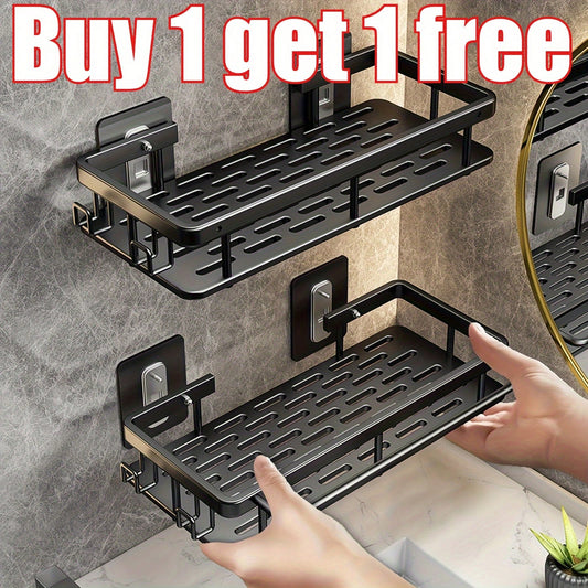 2-Piece Black Rust Proof Polished Metal Bathroom Rack, Wall Mounted Non Drilling Hanging Shower Cart For Storing Shampoo And Conditioner, Space Saving Storage Box With Hooks, Diameter 8mm