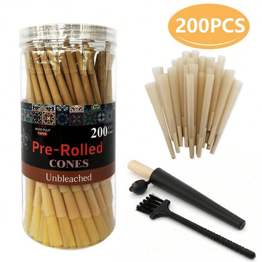 200pcs Unbleached 1 1/4 Size Pre-Rolled Papers With Filter Tips, 84mm Pre Rolling Cones With Filling Device