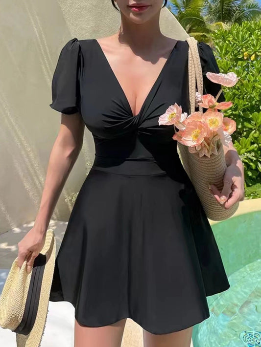 2025 New Korean Ins Sweet & Chaste Sexy V-Neck Short Sleeve Conservative Slimming One-Piece Dress-Style Swimsuit For Women Vacation Beach Black Summer