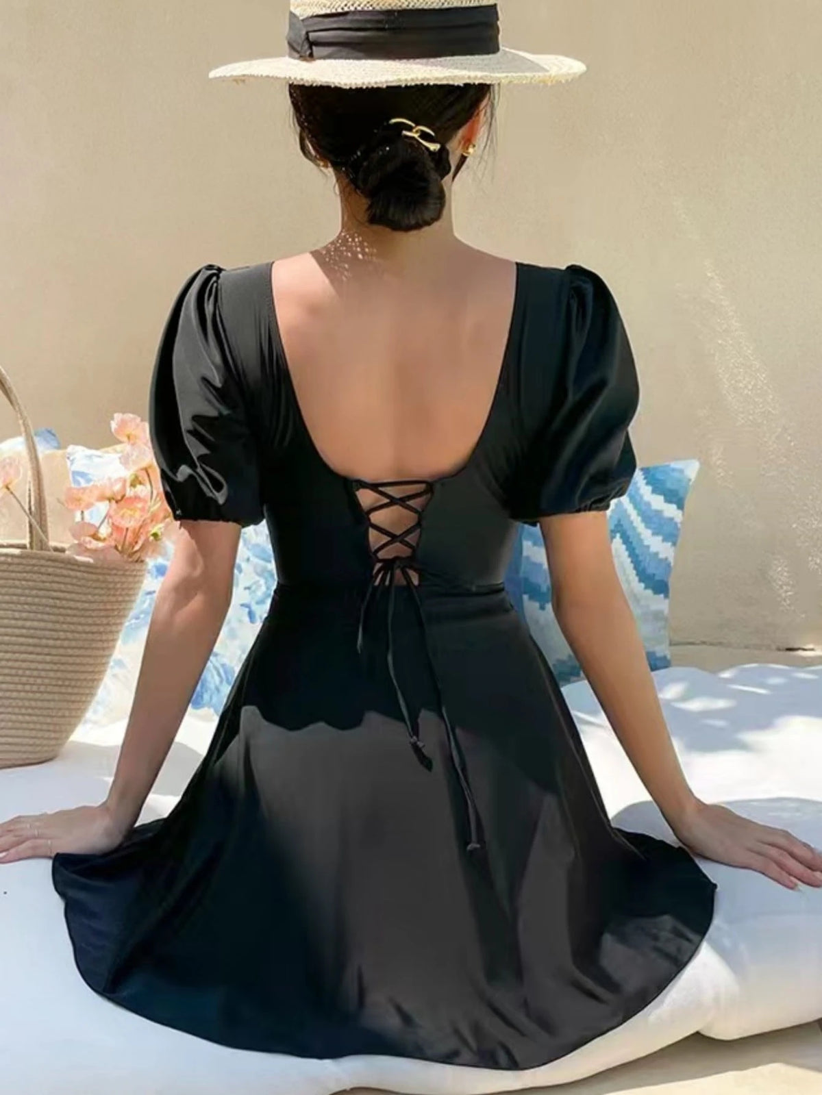 2025 New Korean Ins Sweet & Chaste Sexy V-Neck Short Sleeve Conservative Slimming One-Piece Dress-Style Swimsuit For Women Vacation Beach Black Summer