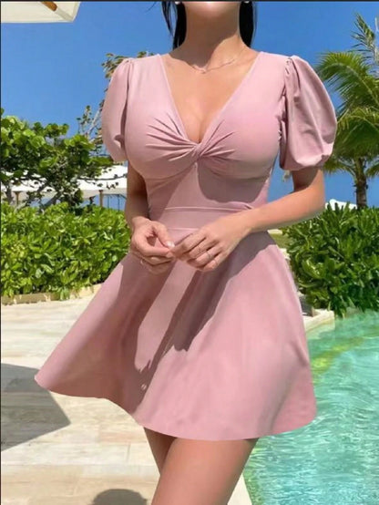 2025 New Korean Ins Sweet & Chaste Sexy V-Neck Short Sleeve Conservative Slimming One-Piece Dress-Style Swimsuit For Women Vacation Beach Black Summer