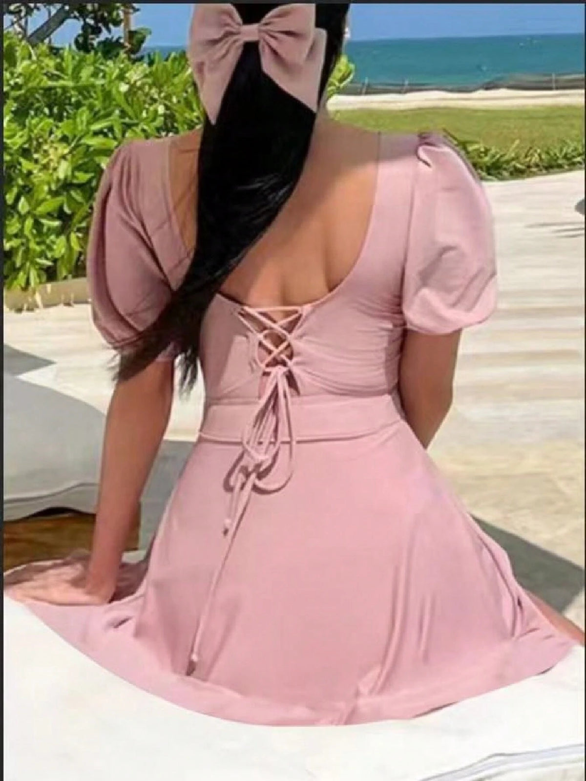 2025 New Korean Ins Sweet & Chaste Sexy V-Neck Short Sleeve Conservative Slimming One-Piece Dress-Style Swimsuit For Women Vacation Beach Black Summer