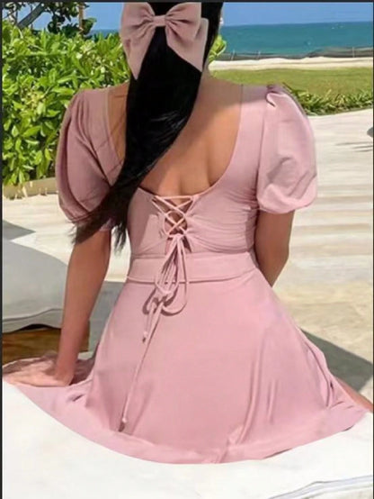 2025 New Korean Ins Sweet & Chaste Sexy V-Neck Short Sleeve Conservative Slimming One-Piece Dress-Style Swimsuit For Women Vacation Beach Black Summer