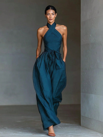 2026 New Cross Cami Jumpsuit Women Tie Waist Wide Leg Casual Romper
