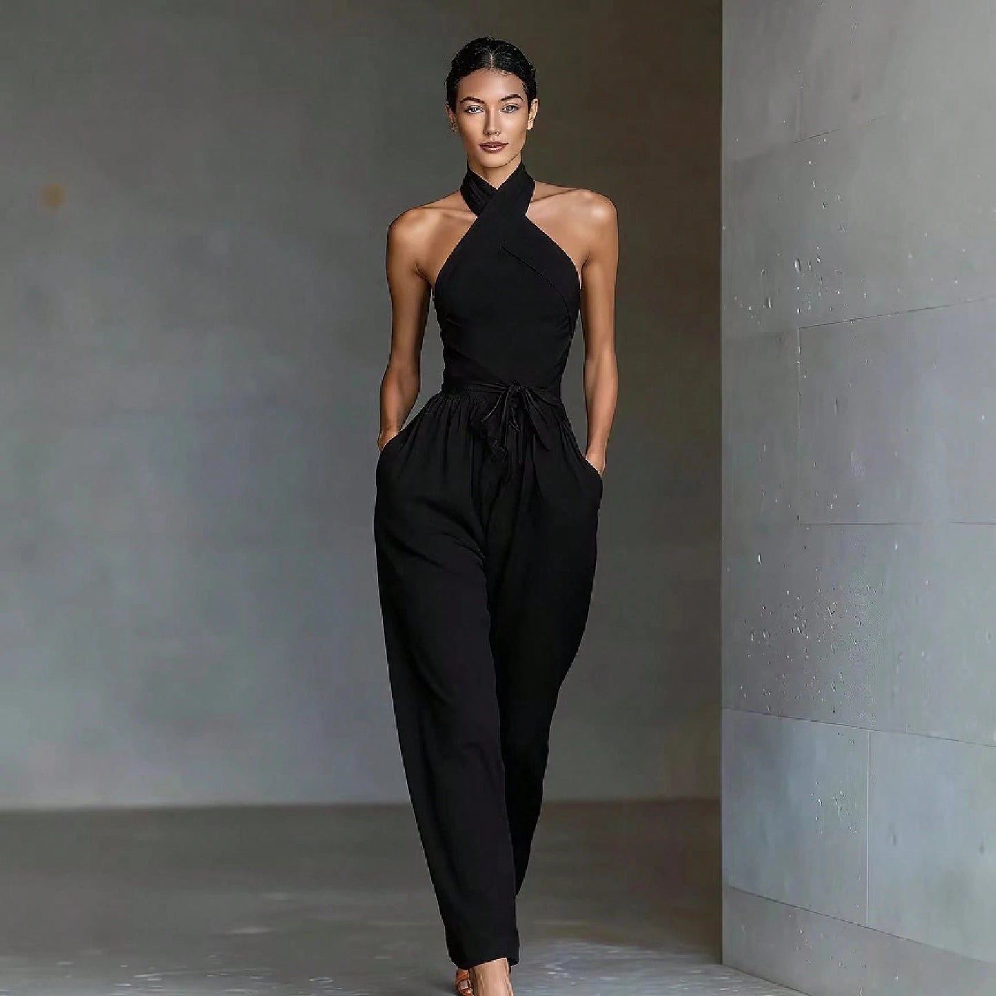 2026 New Cross Cami Jumpsuit Women Tie Waist Wide Leg Casual Romper
