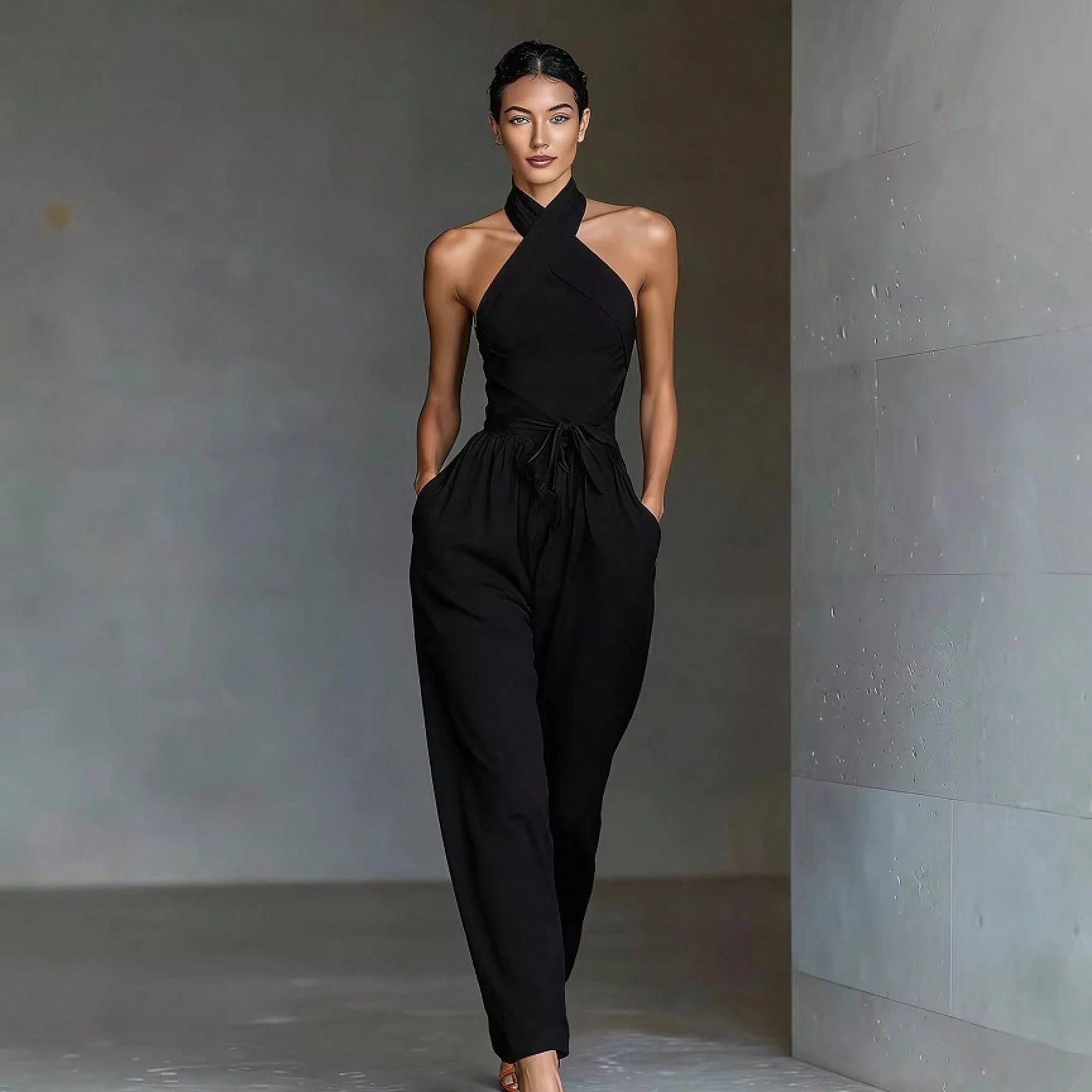2026 New Cross Cami Jumpsuit Women Tie Waist Wide Leg Casual Romper
