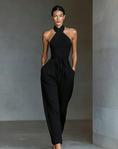 2026 New Cross Cami Jumpsuit Women Tie Waist Wide Leg Casual Romper