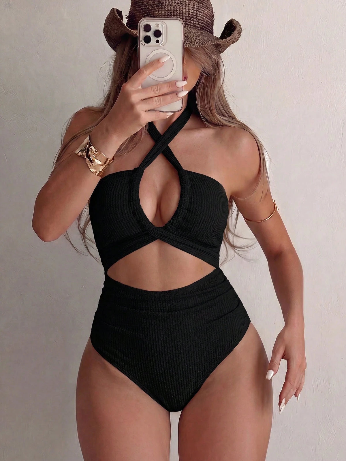 2026 New Fashion Hollow Out Necklace One-Piece Swimsuit For Women Vacation Beach, Resort Wear Summer Black