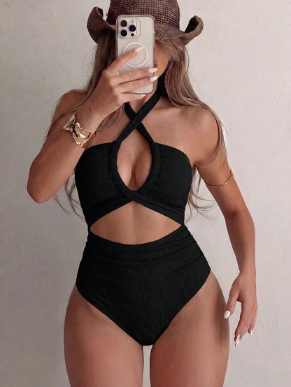2026 New Fashion Hollow Out Necklace One-Piece Swimsuit For Women Vacation Beach, Resort Wear Summer Black
