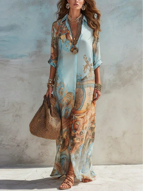 2026 New Lapel Three Quarter Sleeve Shirt Maxi Dress Full Button Front Retro Art Print Front Split Loose Flowy Vacation Women Long Dress