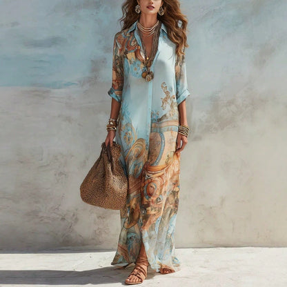 2026 New Lapel Three Quarter Sleeve Shirt Maxi Dress Full Button Front Retro Art Print Front Split Loose Flowy Vacation Women Long Dress