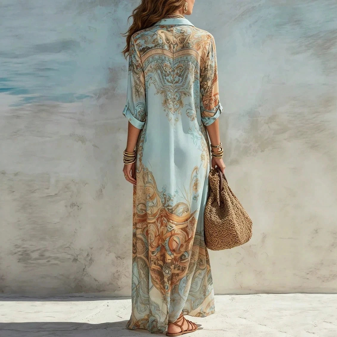 2026 New Lapel Three Quarter Sleeve Shirt Maxi Dress Full Button Front Retro Art Print Front Split Loose Flowy Vacation Women Long Dress