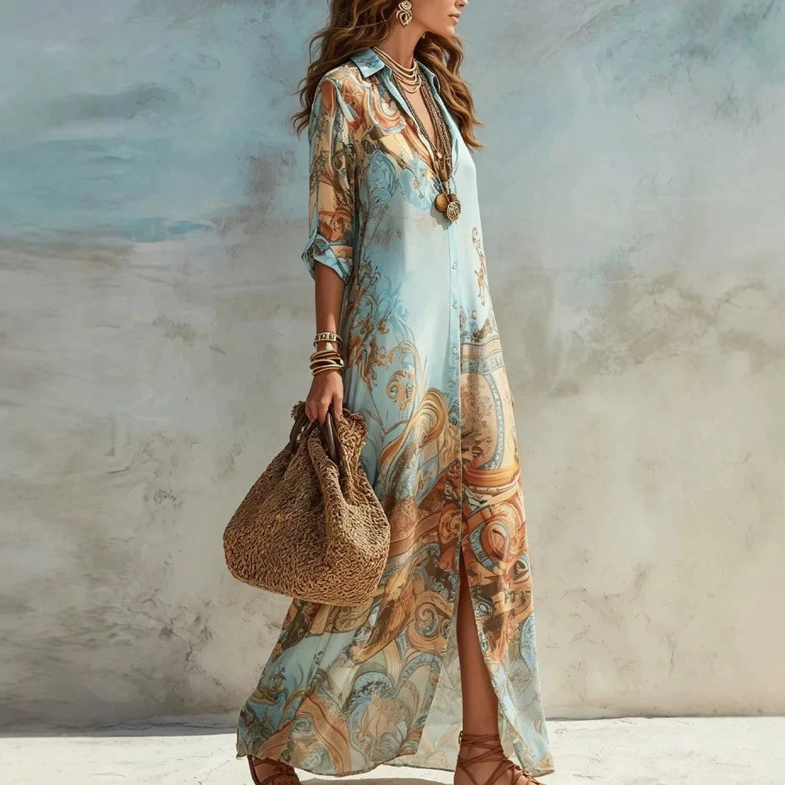 2026 New Lapel Three Quarter Sleeve Shirt Maxi Dress Full Button Front Retro Art Print Front Split Loose Flowy Vacation Women Long Dress