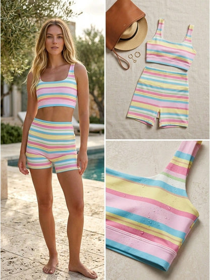 2026 Spring/Summer New Retro Simple Striped Top Two-Piece Set Travel Beach Vacation Clothes Striped Outfits Matching Tube Top Wide Leg Lounge Pants