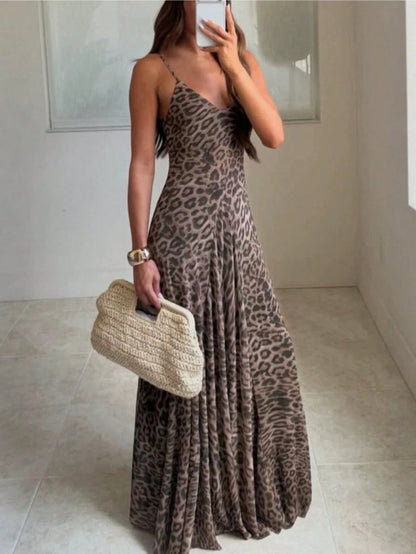 2026 Summer European And American Mesh Leopard Print Strap Zipper Dress Elegant Daily Vacation Party Women's French Vacation Style