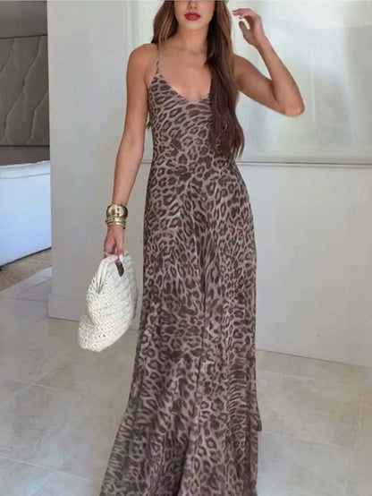 2026 Summer European And American Mesh Leopard Print Strap Zipper Dress Elegant Daily Vacation Party Women's French Vacation Style